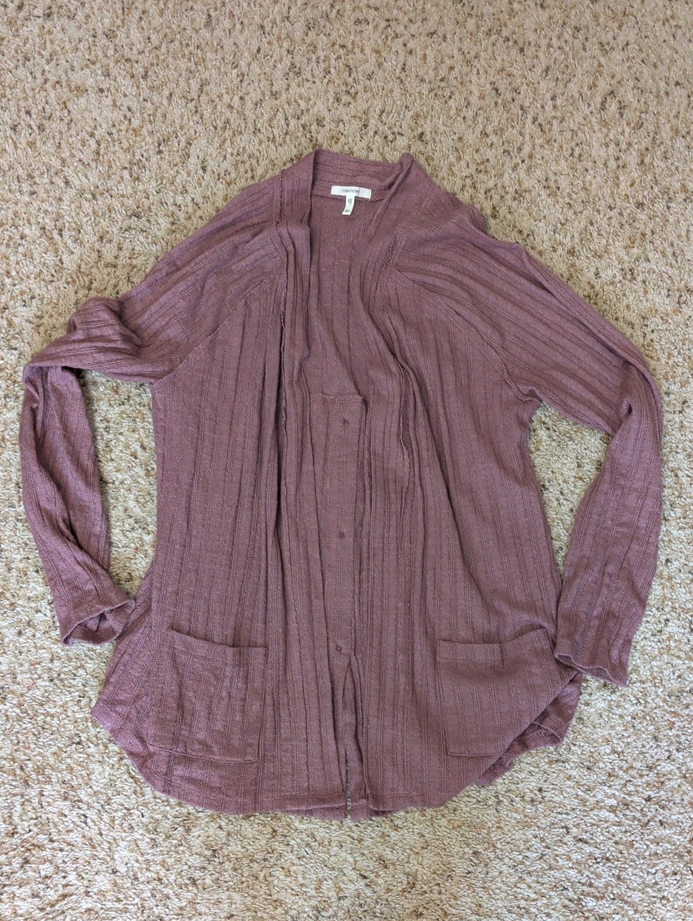 Maurices Mauve Ribbed Open Lightweight Cardigan With Pockets, Size Medium